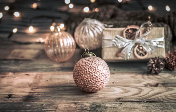 Картинка украшения, lights, шары, Рождество, Новый год, christmas, balls, wood, винтаж, bokeh, decoration