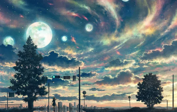 Картинка небо, облака, город, дерево, планета, фэнтези, левочка