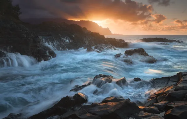 Картинка море, волны, закат, шторм, берег, водопады