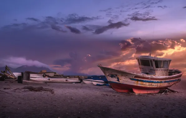 Картинка закат, берег, лодки, Andalusia, Almería, El Cabo de Gata