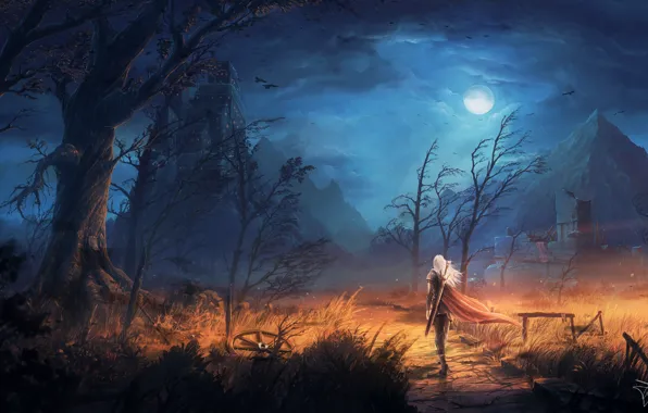 Картинка moon, sword, fantasy, sky, trees, field, weapon, Warrior, night, mountains, clouds, birds, ruins, castle, digital …