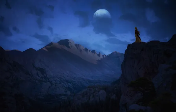 Картинка небо, девушка, горы, ночь, фантастика, обрыв, скалы, планета, высота, фэнтези, принцесса