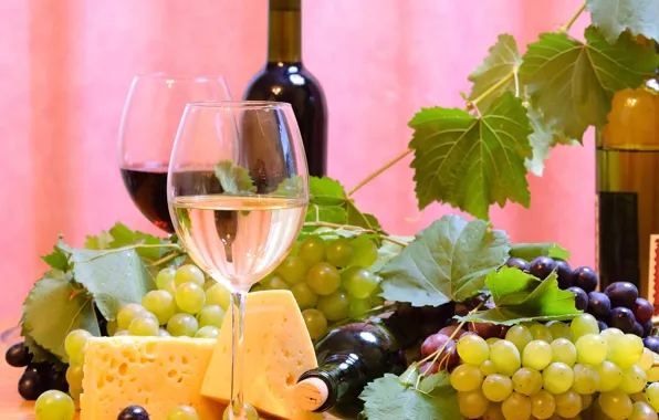 Картинка листья, вино, сыр, бокалы, виноград, бутылки, боке