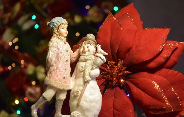 Картинка цветок, красный, ретро, праздник, игрушки, куклы, лепестки, Рождество, девочка, Новый год, снеговик, позолота, фигурки, фигурка, …