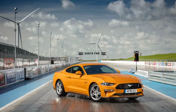 Картинка оранжевый, Ford, вид спереди, Fastback, 2018, Mustang GT