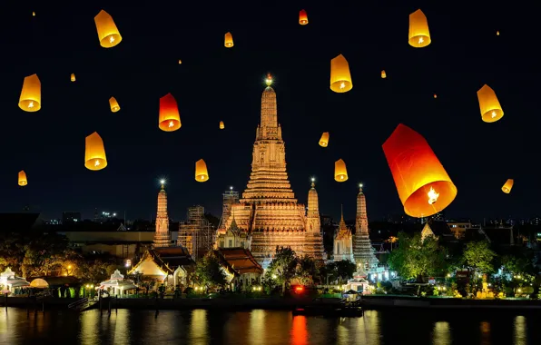 Картинка ночь, город, река, праздник, вечер, Таиланд, храм, Бангкок, фонарики, фестиваль, Wat Arun, Чао Прайя, Ват …
