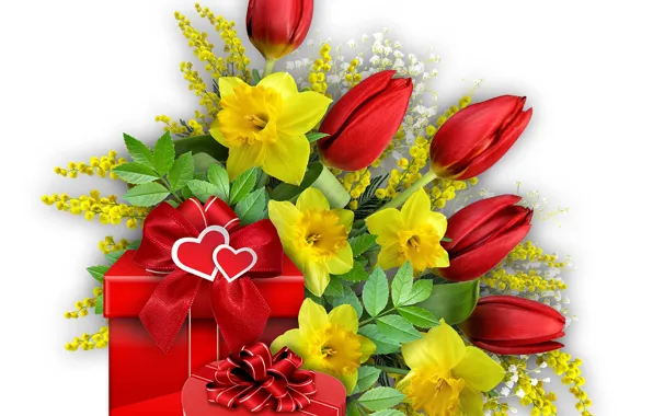 Картинка цветы, праздник, сердце, весна, подарки, тюльпаны, бант, 8 марта, мимоза