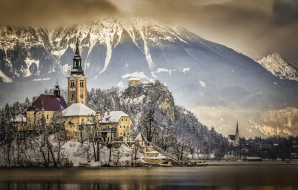 Картинка зима, горы, озеро, Словения, Lake Bled