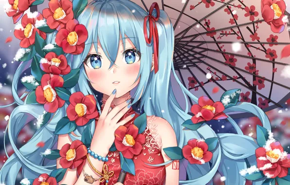 Картинка девушка, цветы, Hatsune Miku, Vocaloid, Вокалоид, Хатсуне Мику, камелии