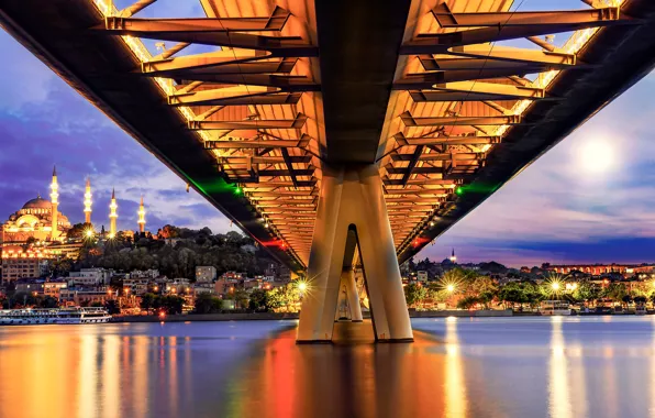 Картинка мост, огни, река, берег, дома, вечер, фонари, Стамбул, Турция, Metro Bridge