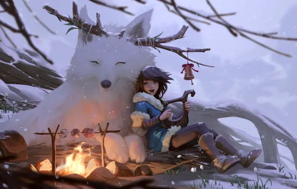 Картинка зима, девушка, ветки, животное, арт, костёр, иллюстрация, Dao Trong Le