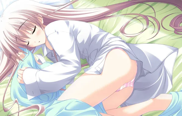 Картинка девочка, длинные волосы, в постели, белая рубашка, visual novel, спит калачиком, Kanade Misagiri, Marginal Skip, …