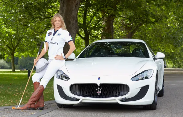 Картинка взгляд, Maserati, Девушки, красивая девушка, белый авто, позирует над машиной, jodie kidd