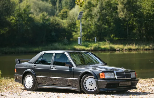 Картинка Mercedes-Benz, Mercedes, Evolution, Front, Black, Water, Side, Road, Wheels, Rims, Lake, Forest, 190E, Mercedes-Benz 190E, …
