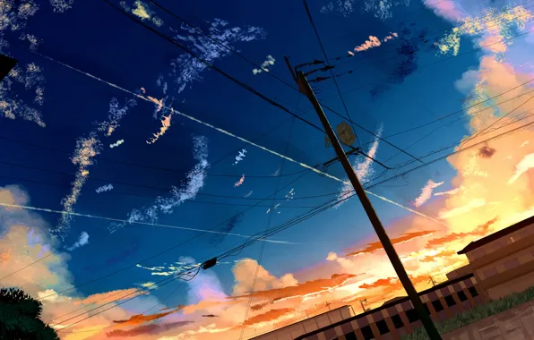 Картинка небо, закат, дома, лэп, by Sketch