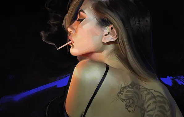Картинка девушка, спина, тату, арт, сигарета, профиль, черный фон, art