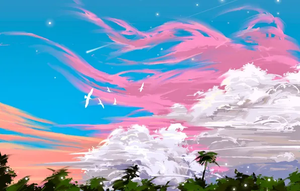 Картинка небо, облака, птицы, пальмы