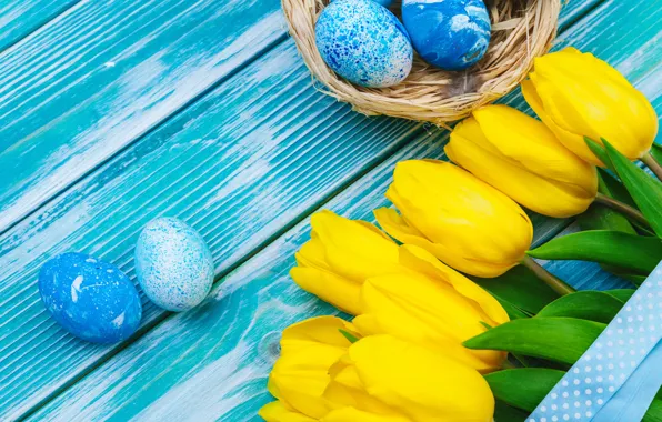 Картинка цветы, яйца, весна, colorful, Пасха, тюльпаны, happy, yellow, wood, flowers, tulips, spring, Easter, eggs, decoration