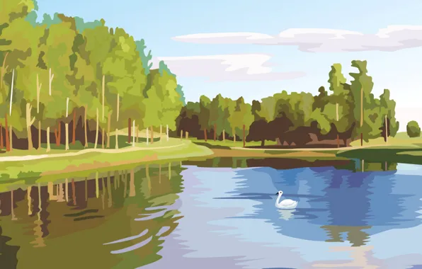 Картинка лес, озеро, вектор, лебедь, цифровая живопись