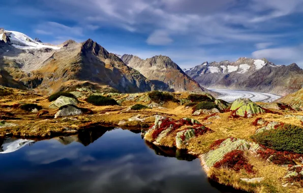 Картинка дорога, пейзаж, горы, природа, озеро, Швейцария, ледник, Алечский ледник