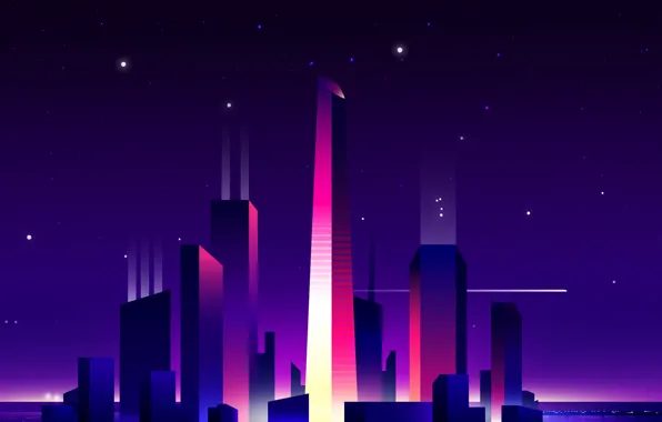Картинка свет, ночь, city, город, небоскребы, light, пурпурный, minimalism, night, skyscraper