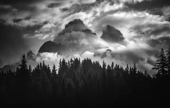 Картинка небо, облака, деревья, горы, природа, скалы, черно-белое, монохром, Доломитовые Альпы