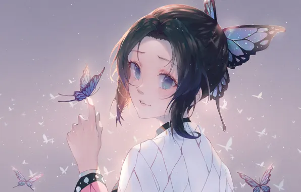 Картинка бабочки, аниме, Anime, Kimetsu no Yaiba, голубоглазая девочка, Shinobu Kocho