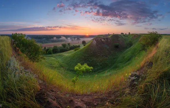 Картинка облака, пейзаж, природа, туман, рассвет, холмы, утро, Украина
