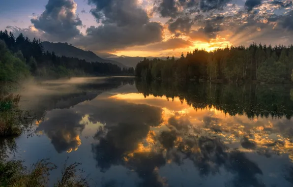 Картинка речка, восход солнца, отражение в воде