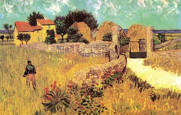 Картинка цветы, дом, ворота, мужчина, Винсент ван Гог, Farmhouse, in Provence