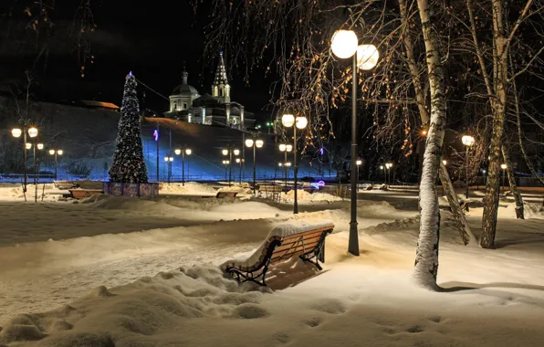 Картинка зима, снег, пейзаж, ночь, город, парк, новый год, освещение, фонари, ёлка, Серпухов, Троицкий собор