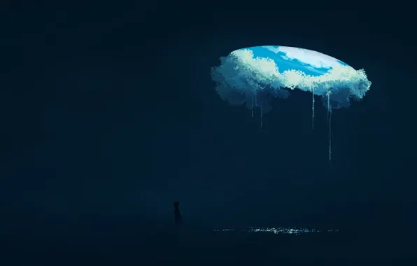 Картинка дыра, девочка, под землей, облачное небо