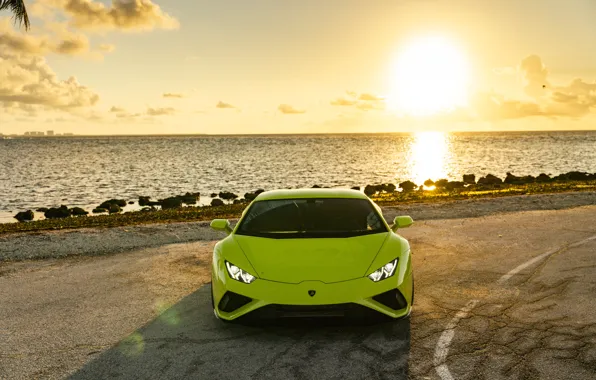 Картинка Lamborghini, Green, Sunset, Sea, VAG, Huracan