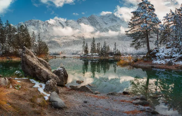 Картинка зима, облака, пейзаж, горы, природа, озеро, камни, Германия, Бавария, Альпы, леса, Айбзее