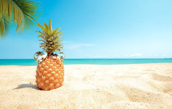 Картинка море, пляж, лето, очки, ананас