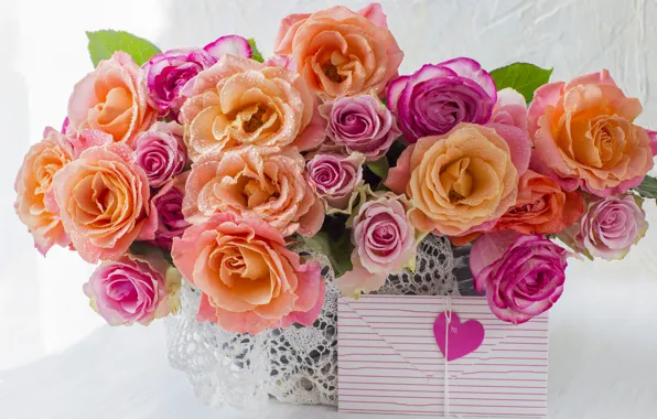 Картинка цветы, сердце, розы, colorful, heart, pink, flowers, romantic, roses