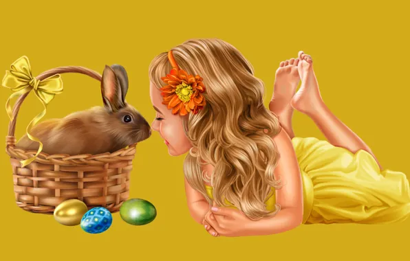 Картинка радость, корзина, яйца, кролик, Пасха, девочка, бант