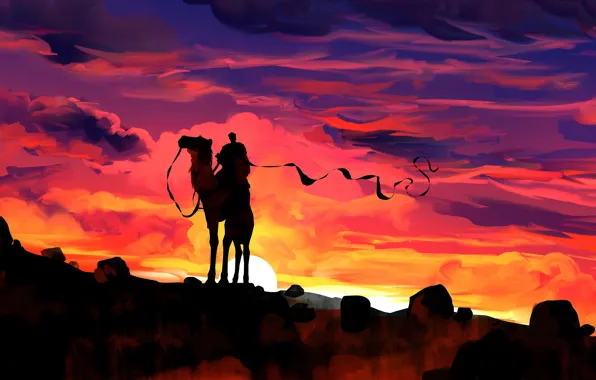 Картинка закат, силуэт, верблюд
