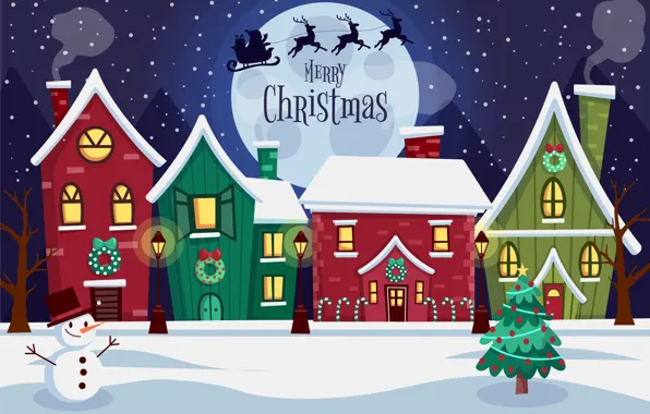 Картинка Дома, Зима, Ночь, Снег, Луна, Рождество, Новый год, Санта Клаус, Олени, Merry Christmas, Снеговик, Сани, …