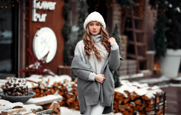 Картинка зима, девушка, снег, поза, шапка, волосы, дрова, Александр Буй