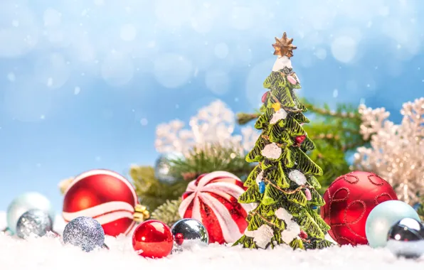 Картинка шарики, снег, снежинки, праздник, игрушка, Рождество, Новый год, ёлочка, голубой фон, боке, ёлочные игрушки, новогодние …