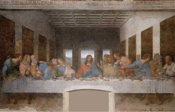 Картинка картина, фреска, живопись, искусство, средневековье, Тайная вечеря, апостолы, Христос, Леонардо да Винчи, Тайная Вечеря