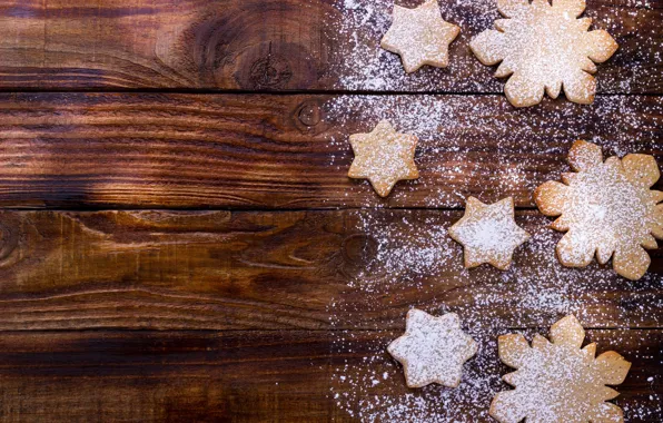 Картинка звезды, снежинки, праздник, доски, печенье, Рождество, Новый год, сахарная пудра, деревянный фон, формочки