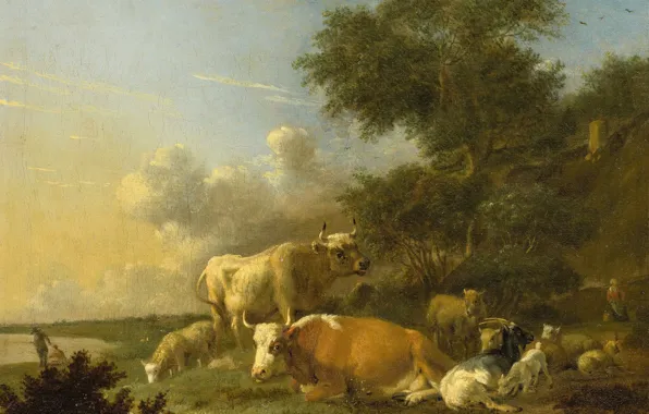 Картинка масло, картина, холст, 1688, Albert Klomp, Альберт Кломп, Пейзаж с крупным рогатым скотом