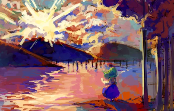 Картинка холмы, зеленые волосы, восход солнца, Kochiya Sanae, Touhou Project, Проект Восток, берег озера, стоит спиной