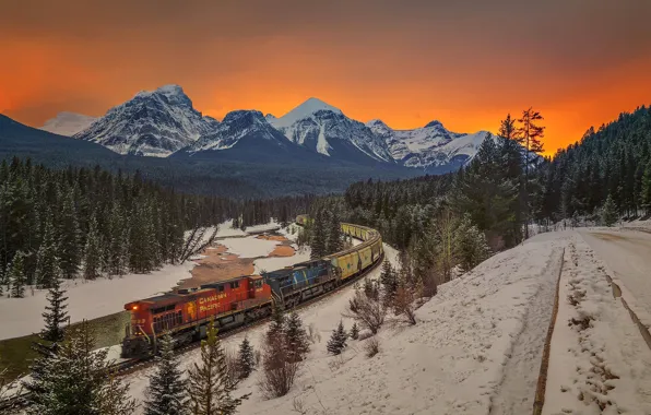 Картинка деревья, горы, поезд, Канада