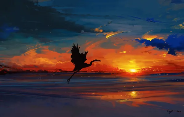 Картинка sky, sea, landscape, nature, bird, sunset, water, art, clouds, evening, sun, artist, digital art, artwork, …