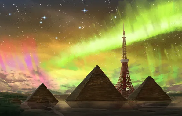 Картинка северное сияние, фэнтези, пирамиды, токийская башня