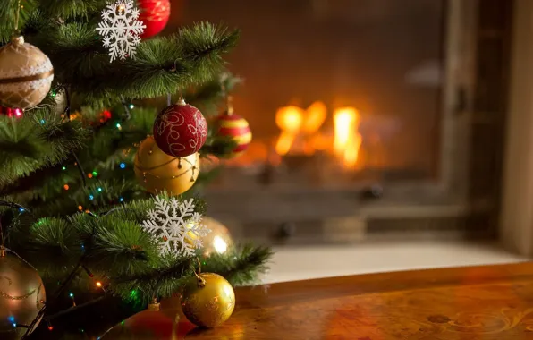 Картинка тепло, игрушки, елка, Новый Год, Рождество, камин, уютно