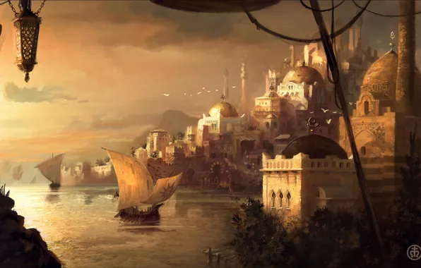 Картинка море, Стамбул, гавань, Istanbul, минарет, парусники, мечети, розовое небо, Османская Империя, 1404